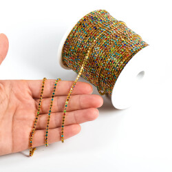 2 Metre - 2.5 mm (SS8) Karışık Renkli Kristal Taşlı Şerit, Altın Renk Metal Kasa. 1.Kalite - YF Hobi