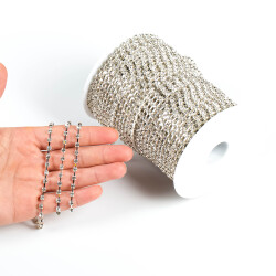 2 Metre - 3.5 mm (SS16) Kristal Taşlı Şerit, Gümüş Renk Metal Kasa. 1.Kalite - YF Hobi