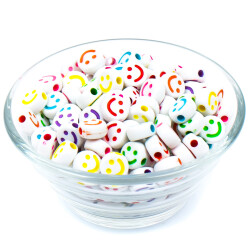 25 Gram - 10 mm Beyaz Üzeri Renkli Gülenyüz Figürlü Yassı Plastik Boncuk, (25 gram - 72-75 Adet Arası) - 2