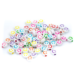 25 Gram - 10 mm Beyaz Üzeri Renkli Gülenyüz Figürlü Yassı Plastik Boncuk, (25 gram - 72-75 Adet Arası) - 3