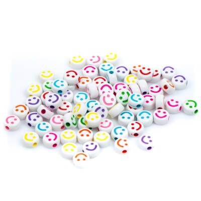25 Gram - 10 mm Beyaz Üzeri Renkli Gülenyüz Figürlü Yassı Plastik Boncuk, (25 gram - 72-75 Adet Arası) - 3