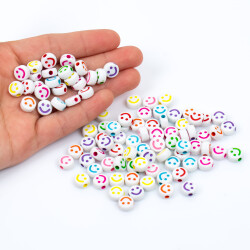 25 Gram - 10 mm Beyaz Üzeri Renkli Gülenyüz Figürlü Yassı Plastik Boncuk, (25 gram - 72-75 Adet Arası) - 4