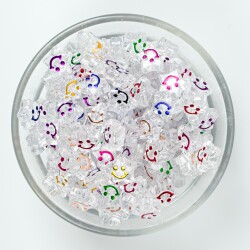 25 Gram - 11 mm Beyaz Üzeri Renkli Gülenyüz Yıldız Figürlü Plastik Boncuk, (25 gram - 70-75 Adet Arası) - 2
