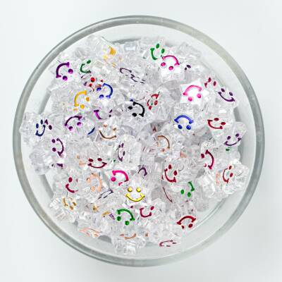 25 Gram - 11 mm Beyaz Üzeri Renkli Gülenyüz Yıldız Figürlü Plastik Boncuk, (25 gram - 70-75 Adet Arası) - 2