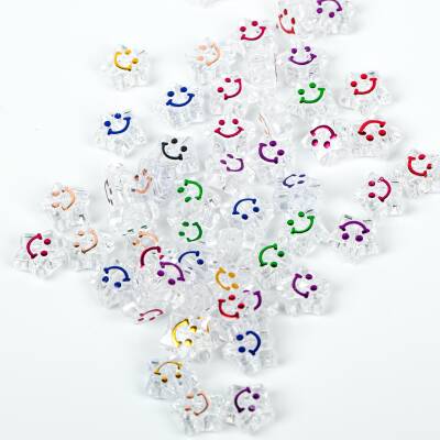 25 Gram - 11 mm Beyaz Üzeri Renkli Gülenyüz Yıldız Figürlü Plastik Boncuk, (25 gram - 70-75 Adet Arası) - 4