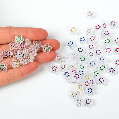 25 Gram - 11 mm Beyaz Üzeri Renkli Gülenyüz Yıldız Figürlü Plastik Boncuk, (25 gram - 70-75 Adet Arası) - 1