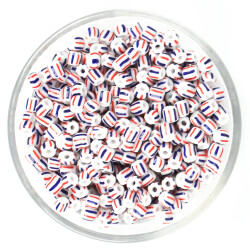 25 Gram - 5 mm Mavi Kırmızı Beyaz Çizgili Desenli Cam Kum Boncuk, Takı Yapım Boncuğu (25 gram ~ 125 Adet) - YF Hobi