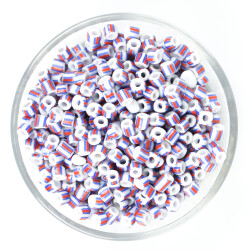25 Gram - 5 mm Mavi Kırmızı Beyaz Çizgili Desenli Cam Kum Boncuk, Takı Yapım Boncuğu (25 gram ~ 125 Adet) - YF Hobi