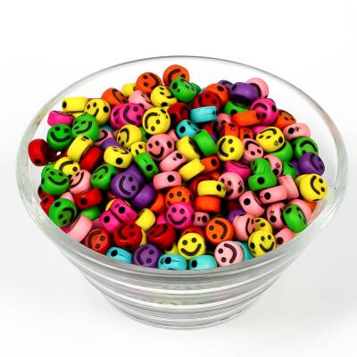 25 Gram - 7 mm Beyaz Üzeri Renkli Gülenyüz Figürlü Yassı Plastik Boncuk, (25 gram - 185-190 Adet Arası) - 2