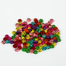 25 Gram - 7 mm Beyaz Üzeri Renkli Gülenyüz Figürlü Yassı Plastik Boncuk, (25 gram - 185-190 Adet Arası) - 3